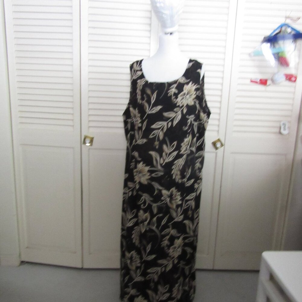 Watchus Dress - plus size Sleeveless ankle length Black & Tan Flowers-Size 3X